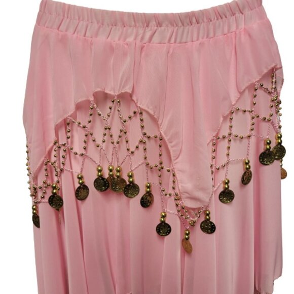 Kids or Teens Dance Skirt Pink Sheer Party Skirt with Gold Beads and Coins - Picture 2 of 5